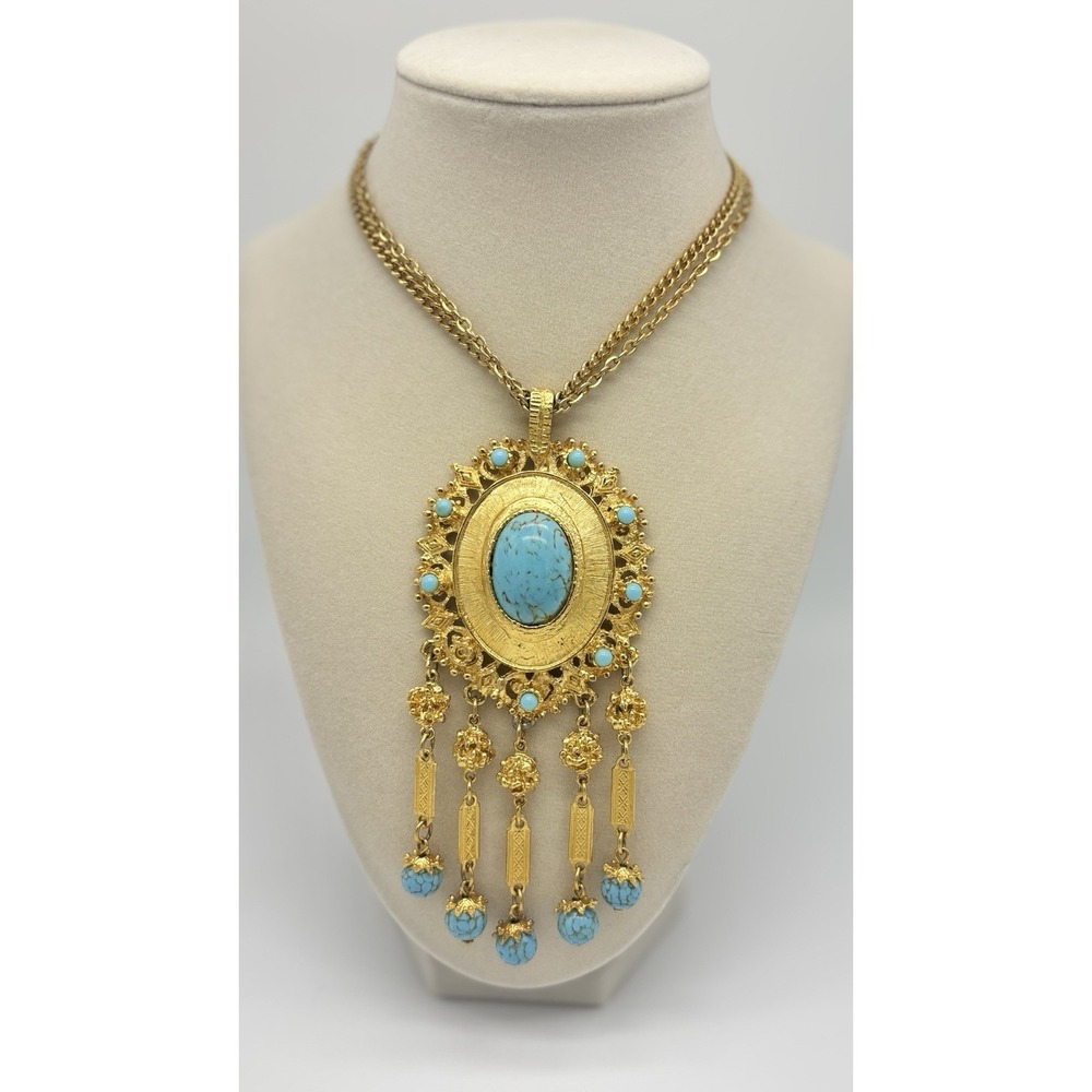 Vintage MCM Large Etruscan Gold And Turquoise Glass Cabochon & Dangles Necklace